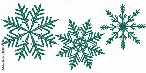Green snowflakes on a bright white background, vector illustration, perfect for adding a lively and vibrant touch to holiday designs.