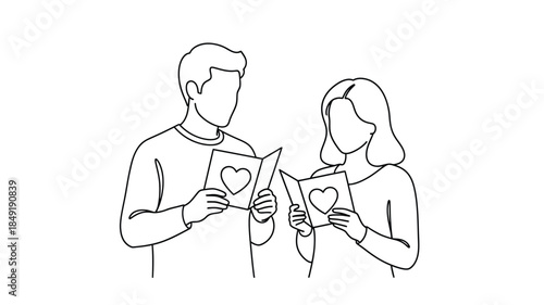 A couple sharing heartfelt cards in a delicate line art silhouette