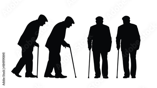 Four elderly men standing with canes a striking black silhouette