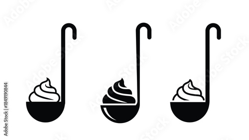 Three stylized ice cream scoops in spoons a black silhouette