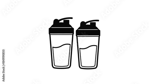 Two black protein shaker bottles with liquid a striking silhouette