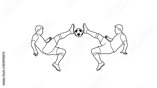Two soccer players in action kicking a ball against each other silhouette