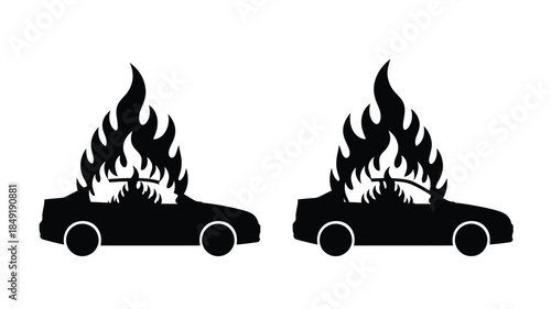 Burning cars depicted in a striking black silhouette