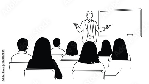 A teacher presenting to a classroom full of students silhouette
