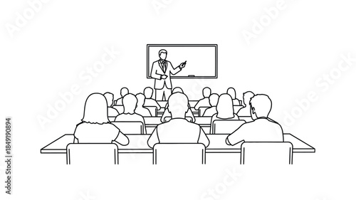 Lecture hall with a presenter and audience in black and white silhouette