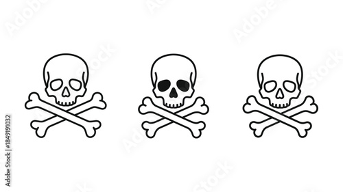Three skull and crossbones icons in a simple black line art silhouette