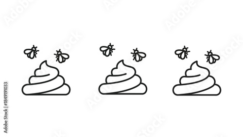 Three piles of excrement with flies a minimalist black and white silhouette