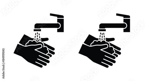 Illustrative depiction of hands washing under two faucets a black silhouette