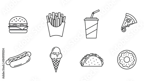 Fast food icons collection in simple line style a delightful silhouette
