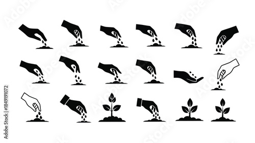 Stages of planting seeds and growth depicted in black silhouette