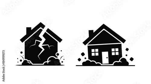 Damaged and intact house icons in black a striking silhouette