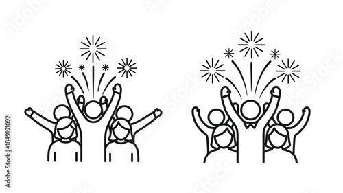 Celebrating with fireworks joyful figures raising arms in excitement silhouette