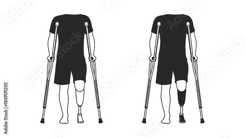 Two individuals using crutches with leg prosthetics a striking silhouette