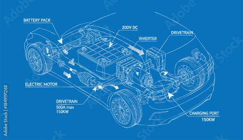 Electric Vehicle Technology Blueprint with Battery Pack and Drivetrain System