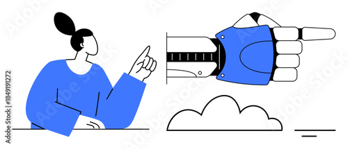 Robotic technology. Robotic hand pointing while a person observes with curiosity. Robotic technology in artificial intelligence, automated systems, human-robot interaction, and innovation concepts