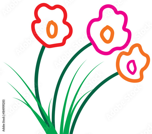 Illustration of three flowers of three colors on a flower tree