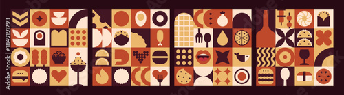 Set geometric kitchen mosaic with farm ingredients and modern fast food pattern.