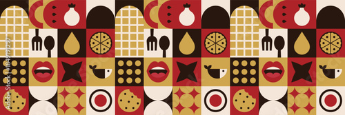 Geometric fast food pattern with farm ingredients and kitchen mosaic .