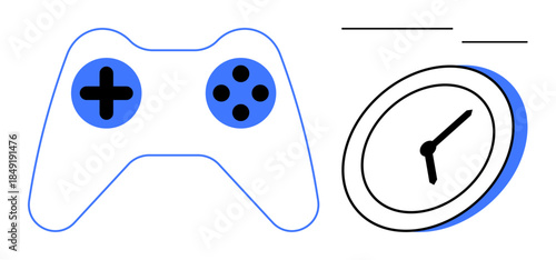 Time management, gaming habits, productivity, digital entertainment, leisure activities, scheduling. A gaming controller next to a clock. Time management and gaming habits concepts