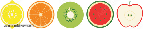 Flat vector set of 6 fruit slices lemon orange lime kiwi watermelon and apple