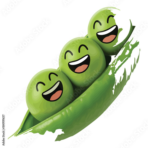 Three cheerful green peas with happy smiling faces, nestled comfortably inside a vibrant green pea pod, evoking freshness and joy, on a white background