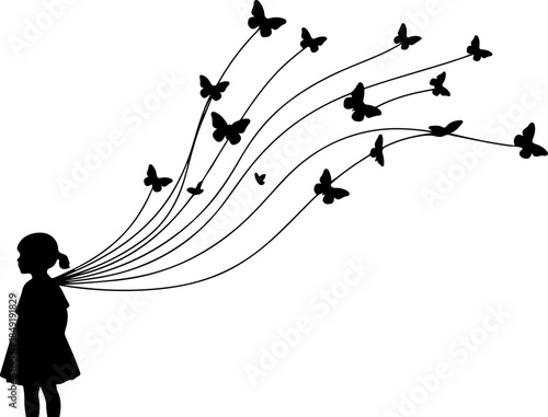 Little Girl Holding Butterfly Balloon Bouquet Illustration