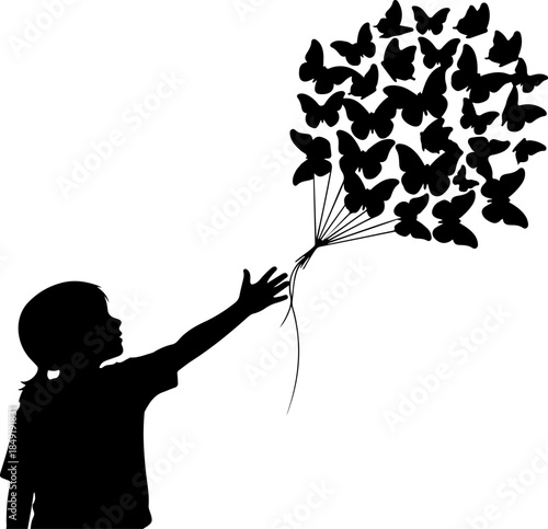 Little Girl Holding Butterfly Balloon Bouquet Illustration