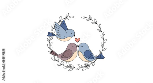 Three cute cartoon birds in a delicate branch wreath, with a pair kissing, symbolizing love, friendship, and family.