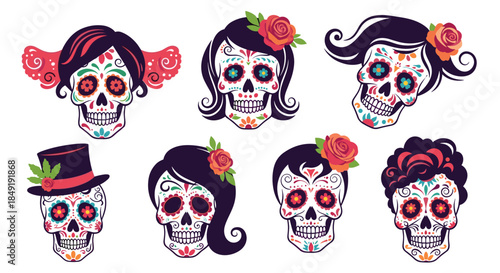 Collection of colorful decorated sugar skulls, or calaveras, for the Mexican Day of the Dead (Dia de los Muertos).