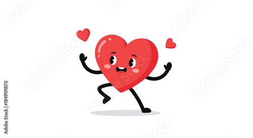 Cute and happy red heart character running with joy, a charming mascot for Valentine's Day or love concepts.
