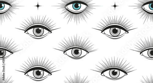 Mystical seamless pattern with the all-seeing eye of providence in a vintage engraving style on a white background.
