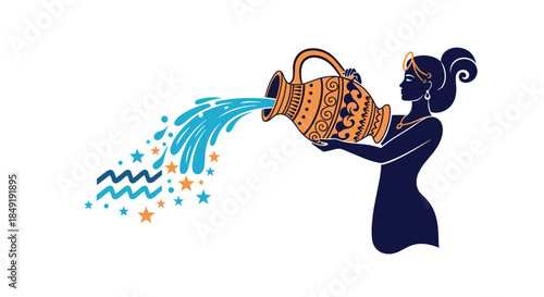 Silhouette of Aquarius, the water-bearer, pouring a stream of water and stars from an ornate jug, representing the zodiac.