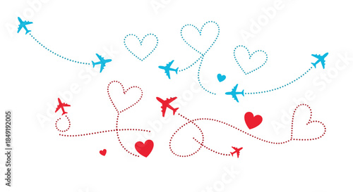 A set of red and blue airplanes flying in dotted-line paths that form romantic heart shapes for travel concepts.