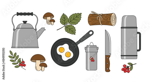 A collection of essential camping and hiking equipment, including a kettle, thermos, and frying pan with eggs for breakfast.