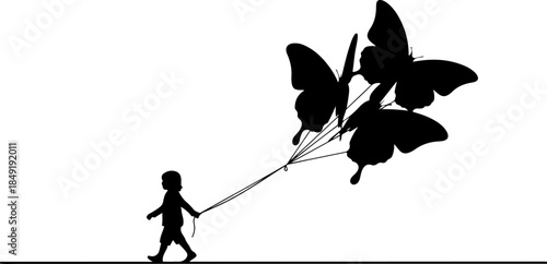 Little Girl Holding Butterfly Balloon Bouquet Illustration