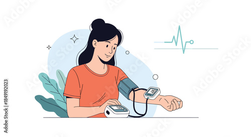A young woman checking her blood pressure with a digital monitor at home, promoting health and self-care awareness.