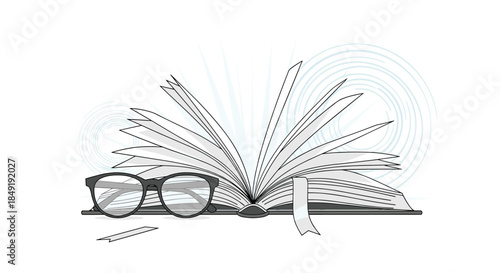Black and white line art illustration of an open book with fanned pages and reading glasses resting in front on a white background.