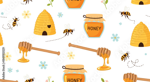A cute and charming seamless pattern featuring honey jars, beehives, buzzing bees, and honey dippers on a white background.