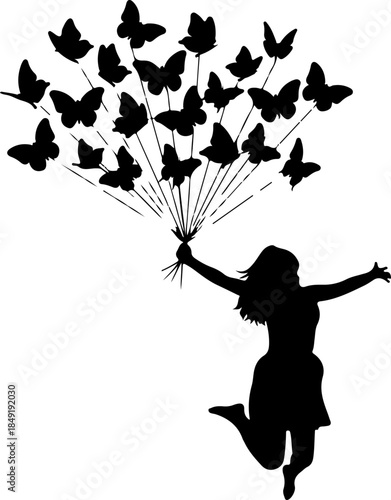 Little Girl Holding Butterfly Balloon Bouquet Illustration