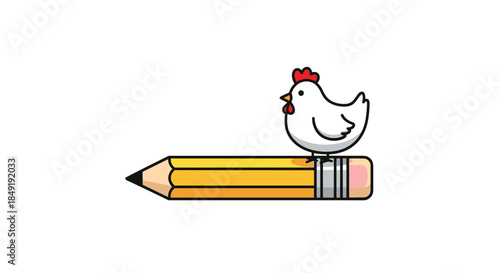 A whimsical and cute cartoon illustration of a small white chicken standing on top of a large yellow pencil on a white background.