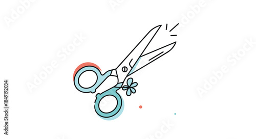 A charming hand-drawn illustration of scissors with colorful watercolor accents and a small flower detail, isolated on white.