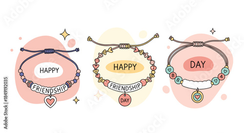 A set of three cute, colorful handmade friendship bracelets with letter beads spelling out 'Happy Friendship Day' and heart charms.