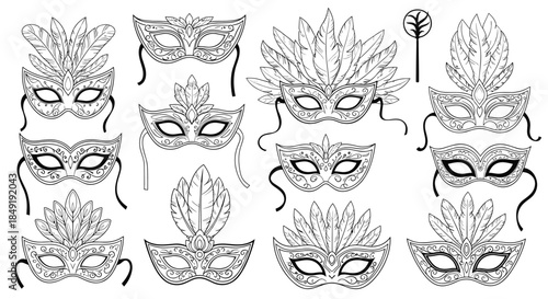 A detailed collection of assorted black and white venetian carnival masks in a hand-drawn line art style for coloring or design.