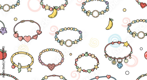 A cute and colorful seamless pattern of various handmade beaded charm bracelets for children on a simple white background design.