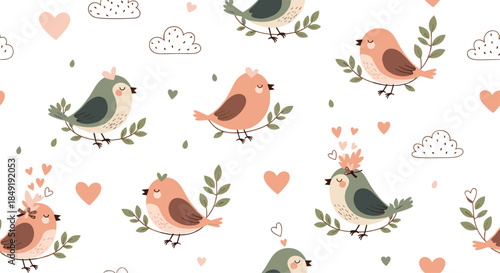 A sweet and romantic seamless pattern of cute cartoon birds perched on branches with hearts and clouds on a white background.