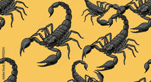 A striking seamless pattern featuring detailed illustrations of black emperor scorpions on a bright yellow background for design.