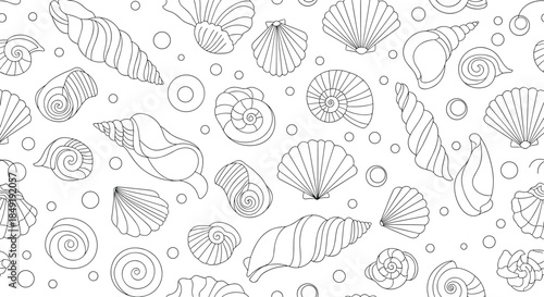 A beautiful seamless pattern of assorted seashells in a delicate black and white line art style, perfect for a summer background.