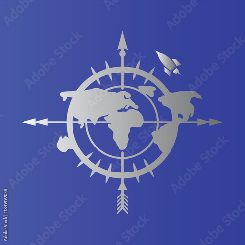 Silver globe compass with rocket on blue background