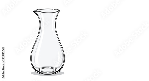 A minimalist black and white line drawing of an elegant empty glass carafe, isolated on a white background with copy space.