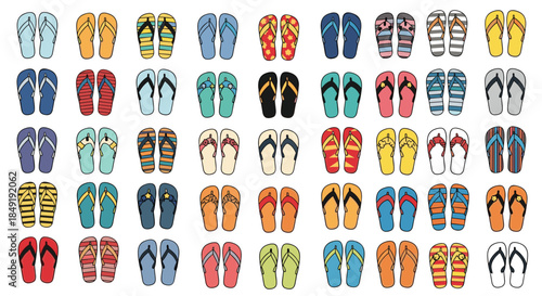 A large and colorful collection of various flip-flop sandal pairs with different patterns, isolated on a white background.